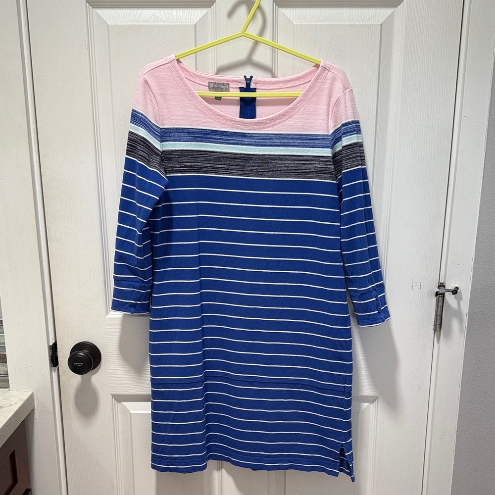 T by Talbots Blue and Pink Striped Casual Dress